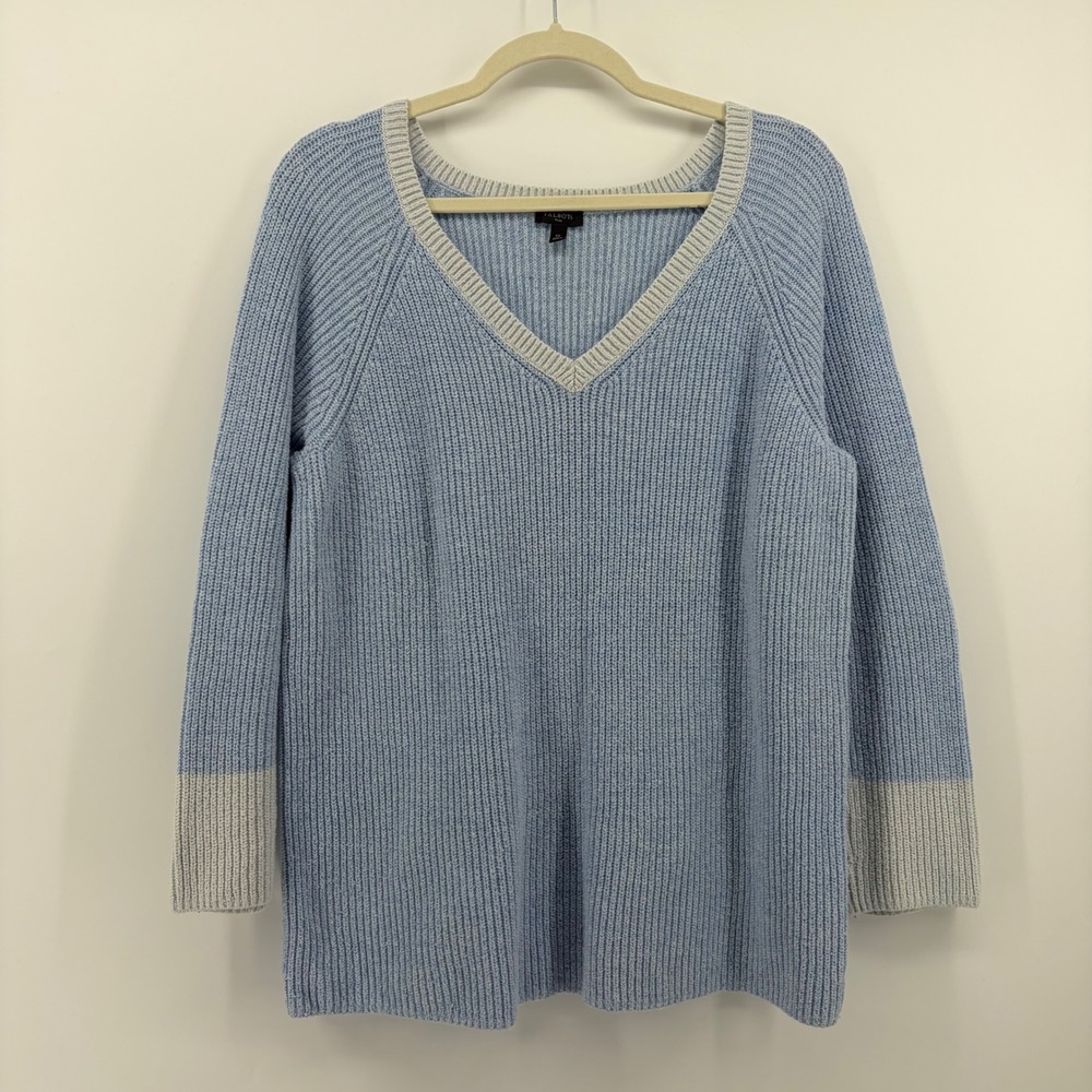Talbots Plus Womens 1X Light Blue Ribbed‎ V-Neck Raglan Sleeve Cotton Sweater